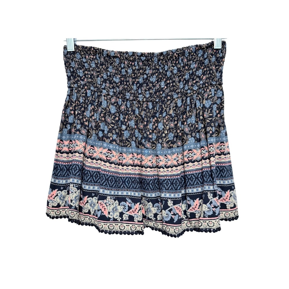 Abercrombie & Fitch Skirt Womens XS Navy Blue Floral Smocked Mini Boho Cottage
